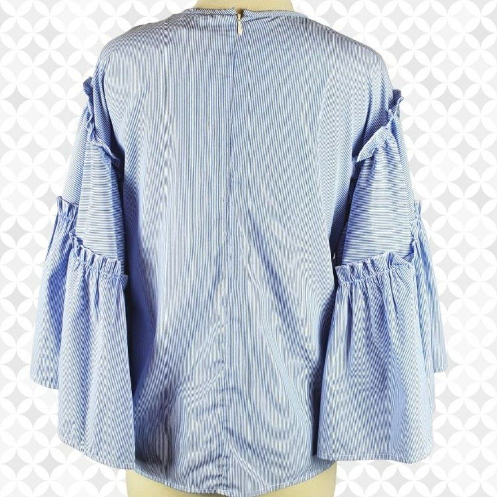 dRA Los Angeles blue & white pin striped wide ruffled bell sleeved blouse Sz M - Picture 2 of 10